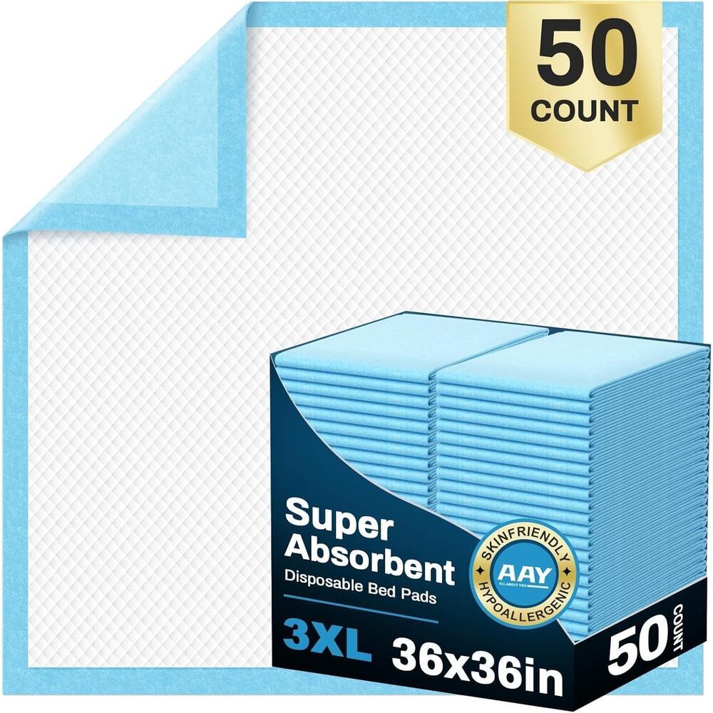 AAY Bed Pads Disposable 36" x 36" (50 Count), Extra Large Super Absorbency Dispo